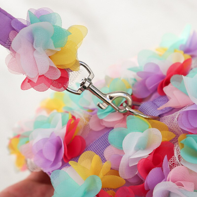 Mielas naminių šunų petnešų ir pavadėlių rinkinys mažiems vidutinio dydžio šunims petnešėlių liemenė, reguliuojama nėriniuota gėlėmis marginta šuniuko suknelė vaikščioti