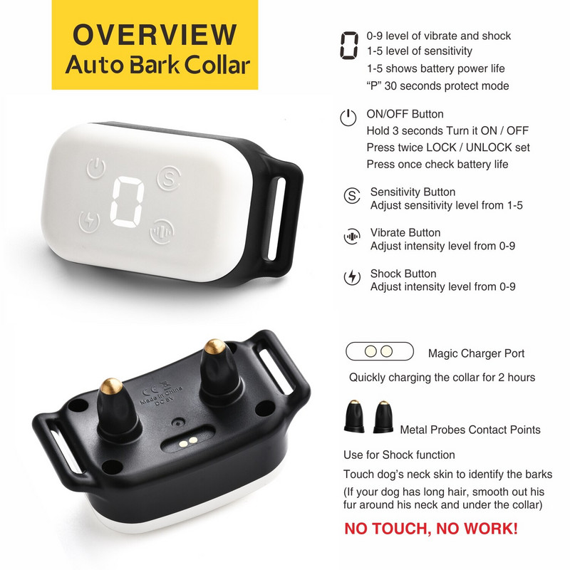 Väikese koera automaatne haukumise kaelarihm Laetav koeratreening elektriline haukumisvastane kaelarihm šokirežiimiga kutsikakoera jaoks