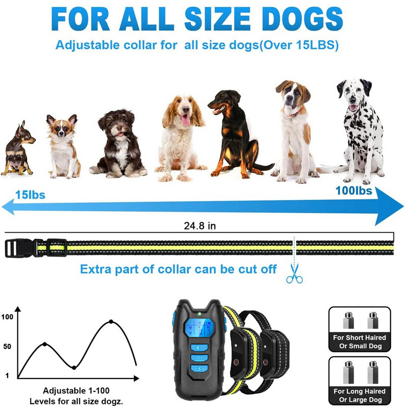 1000 méteres elektromos kutyakiképző ugatásgátló nyakörv LCD kijelzővel, újratölthető távirányítóval vibrációs hang vízálló kisállat nyakörv