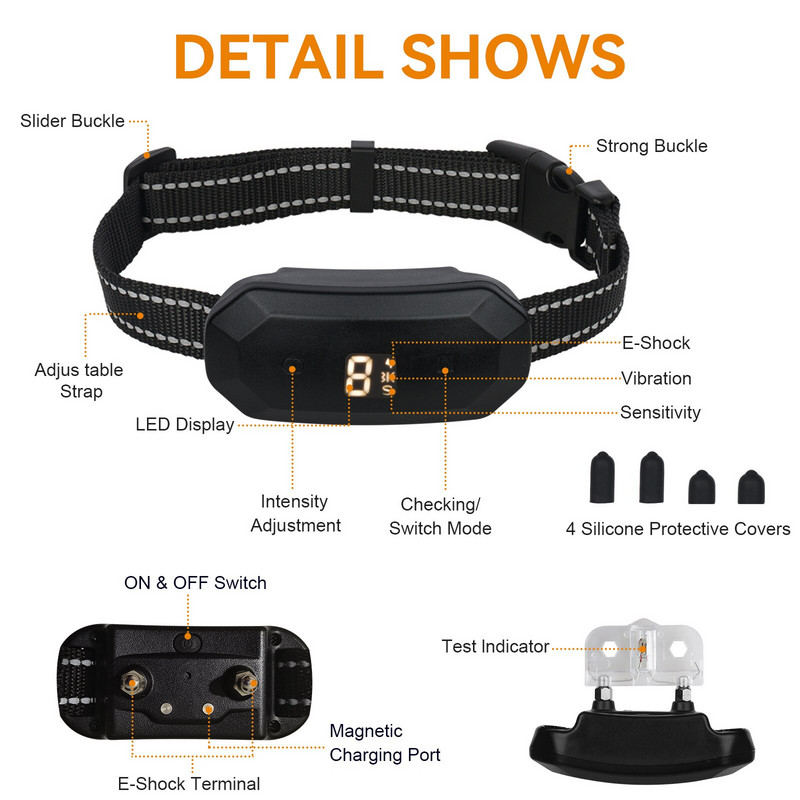 Guler anti-latrat cu ecran tactil inteligent Guler anti-latrat pentru câini Guler de antrenament anti-latrat reîncărcabil cu 7 sensibilități reglabile