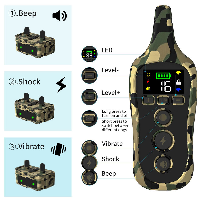 600M elektriline koerte treeningkaelarihm, veekindel, taaslaetav lemmiklooma haukumisvastane kaelarihm elektrišokeerija kamuflaaživärv