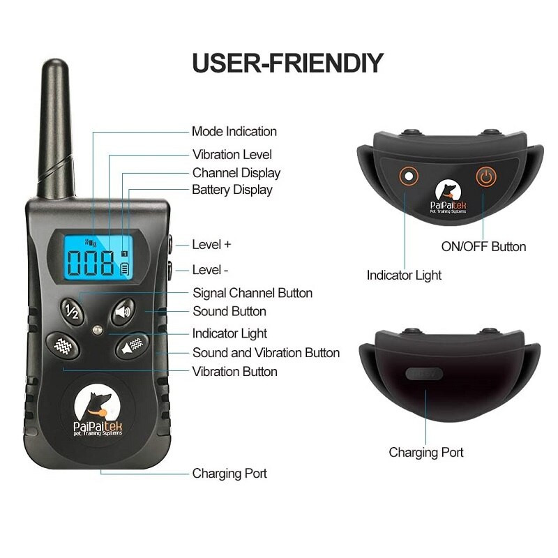 Zgarda de dresaj pentru câini fără șoc, cu telecomandă, pentru 1/2 câini, impermeabilă, reîncărcabilă și distanță de până la 1600 de metri.