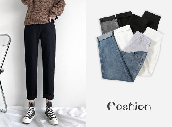 Módne tehotenské džínsy s vysokým pásom a vreckami