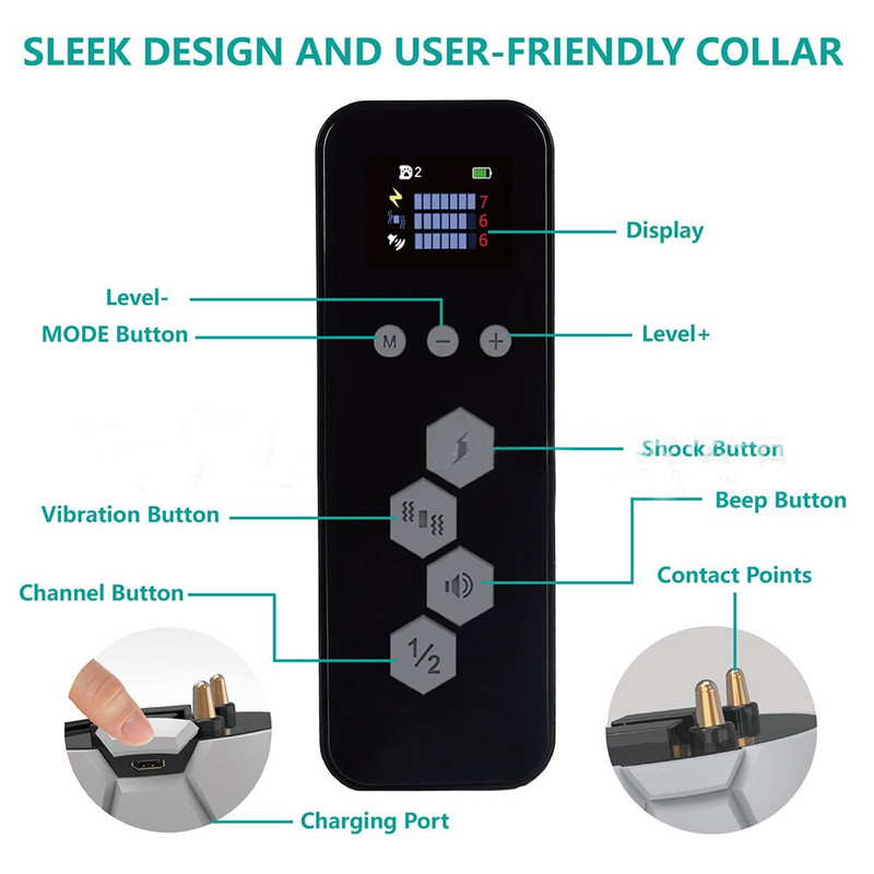 Skirta 1 šuns žievės įkrovimui, vandeniui atspari šuns žievelė 350 m ilgo nuotolio nuotolinio valdymo pultelis su elektros šoku šuns antkaklis