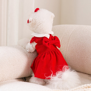 Кученце Комплект рокли с лък възел Зимни топли дрехи за кучета Домашни любимци Коледа Рокля на принцеса Теди Едноцветна пола Изпратете клип
