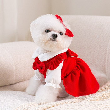 Кученце Комплект рокли с лък възел Зимни топли дрехи за кучета Домашни любимци Коледа Рокля на принцеса Теди Едноцветна пола Изпратете клип
