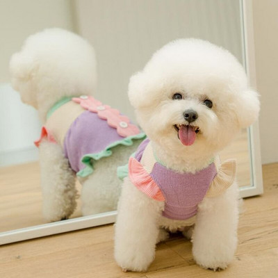 Χαριτωμένο κουτάβι φόρεμα με ιπτάμενο μανίκι Λεπτά ρούχα για κατοικίδια Φθινοπωρινά και χειμερινά ζεστά πουλόβερ Teddy πουκάμισο με πάτο Μόδα ρούχα για σκύλους