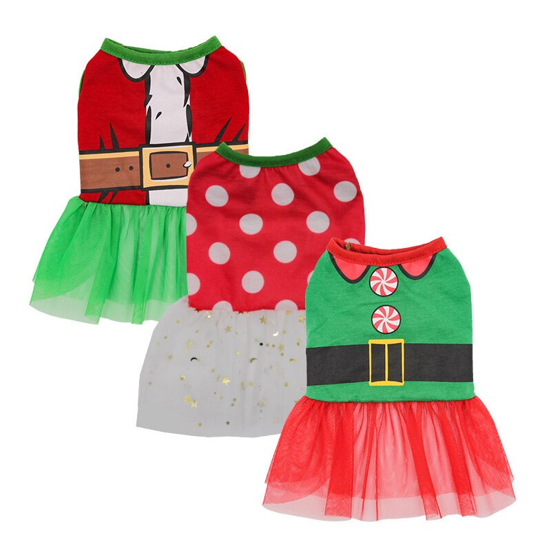 Animale de companie Rochie de Crăciun Câine Pisică Strat de dantelă Fusta din plasă Îmbrăcăminte Moș Crăciun Print Câini Pisici Mici Drăguț Subțire Rochie de petrecere pentru fete
