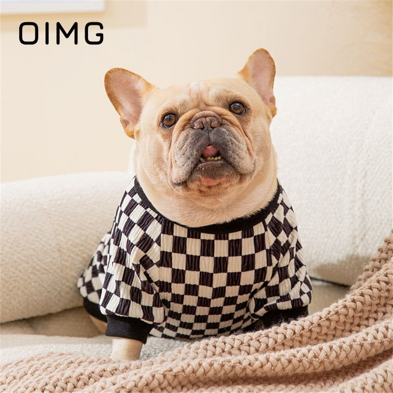OIMG Sügistalv Väike karu Lemmikloomariided Must Valge Malelaud Koera Pullover Prantsuse buldog Mops Paks Koer Soe Kahe jala riided
