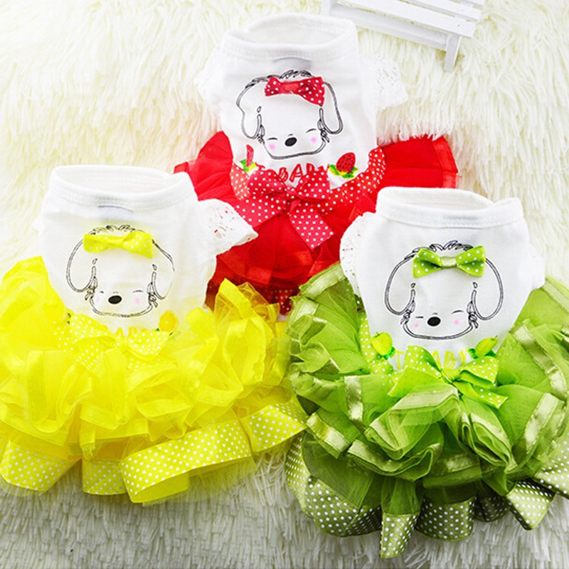 Suvise pitsiga pundunud printsesskleit trükiga puuviljapuuvillane kleit väikestele keskmistele koertele Pehme pulmaseelik, täpiline kikisõlme võrgust lemmikloomariided