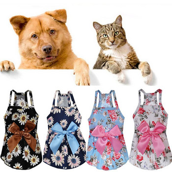 Καλοκαιρινό φόρεμα για σκύλους Φόρεμα για κατοικίδια φλοράλ πριγκίπισσα για κουτάβι Υπέροχα αμάνικα ρούχα Σκυλιά γάτες στάμπα Λεπτό μεγάλο φιόγκο φόρεμα για γάτα