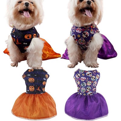 Halloween Pet Dog Fusta Câine Cățeluș Costum Cosplay Dovleac Craniu Print Costum Pet Halloween Haine pentru petrecere Fancy Dress Haine