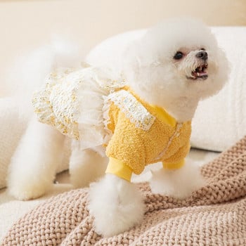 Домашен любимец Топла рокля на принцеса Есен Зима Средно малки дрехи за кучета Модна вълнена пола на цветя Коте Кученце Сладко палто Йоркширски пудел