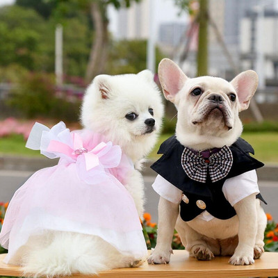 Costum de nuntă pentru animale de companie Arc clasic Rochie de prințesă romantică și cămașă formală smoking papion pentru cuplu câine
