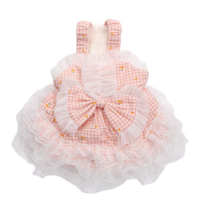 Princezná, teplé šaty s kockovaným vzorom a čerešňami pre šteniatka, jesenný/zimný kabát pre fenky a mačky