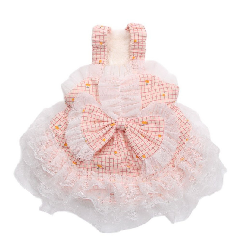 Princezná, teplé šaty s kockovaným vzorom a čerešňami pre šteniatka, jesenný/zimný kabát pre fenky a mačky