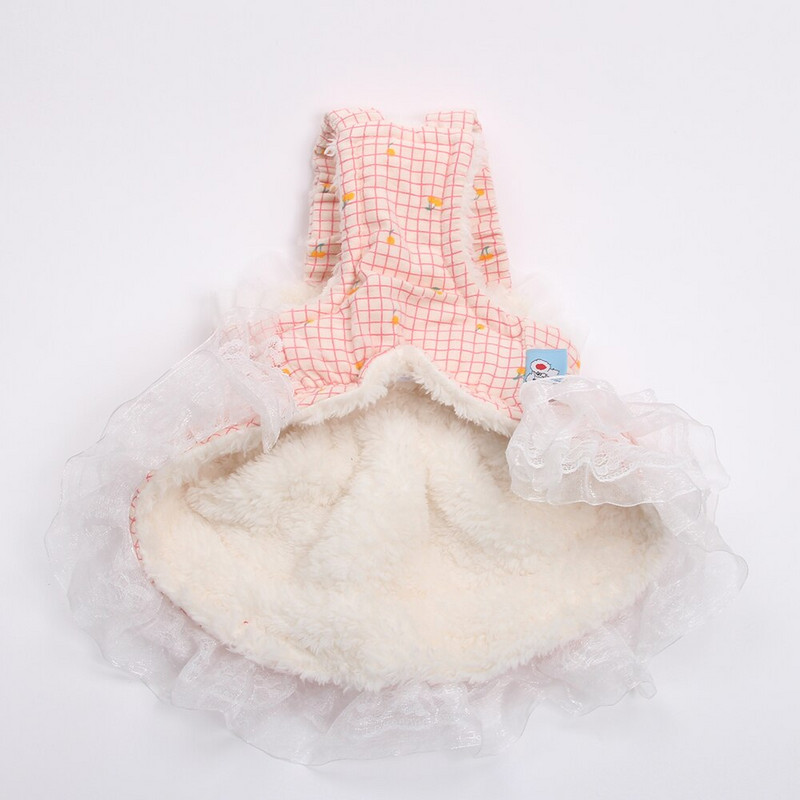 Princezná, teplé šaty s kockovaným vzorom a čerešňami pre šteniatka, jesenný/zimný kabát pre fenky a mačky