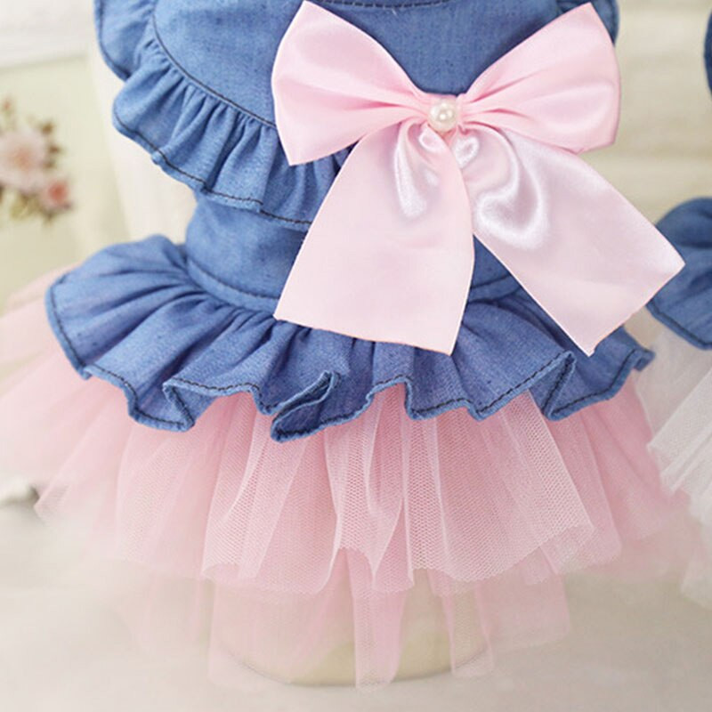 Koreai stílusú klasszikus cowboy szoknya kisállat ruházat szoknya fehér rózsaszín tavaszi őszi divatos masni, alkalmi külső viselet kutyaruha