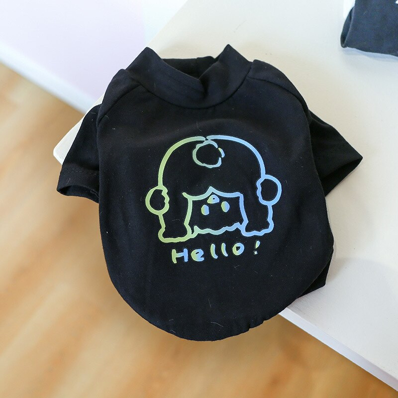 Fekete-fehér York kutyaruházat Rajzfilm, állatmintás rövid ujjú póló kiskutyáknak Francia bulldog cica kisállatruházat