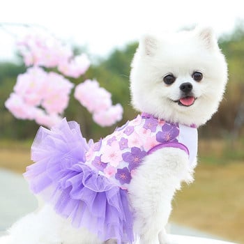Дантелена шифонена рокля за малко куче Цветя Модно парти Рожден ден Кученце Сватбена рокля Летен сладък костюм Дрехи за домашни кучета