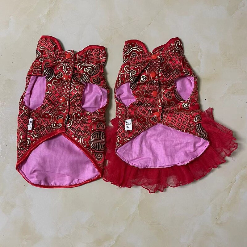 Oblečenie pre psov, čínsky Nový rok, oblek Tang, Cheongsam, párové oblečenie pre domáce zvieratá, šaty, vesta, pomeranian, pudel, bišon, bradáč, kostým, kabát