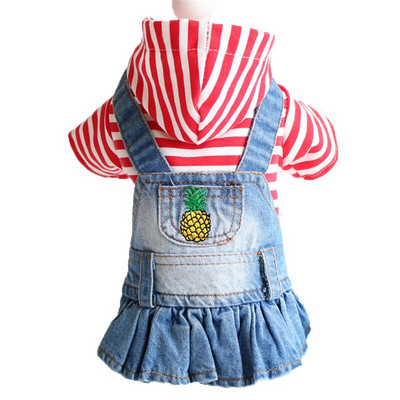 XS-2XL Šuns Džinsas Suknelė Naminių gyvūnėlių Drabužiai Šunims Dryžuoti šuniuko drabužiai Maži šunų gobtuvėliai Kailis mielas šunų languotas siuvinėtas džinsinis sijonas