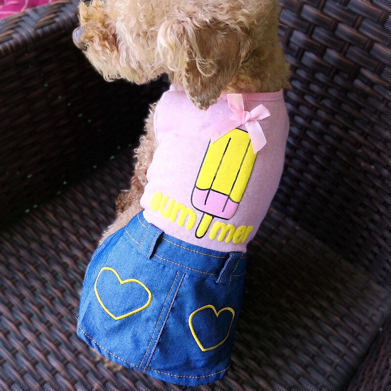 Džinsinio sijono naminių gyvūnėlių suknelės mažiems šunims Vasariniai ledai vėsinantys rožiniai balti lankeliai katės liemenės kostiumo drabužiai čihuahua šuniukui mopsui