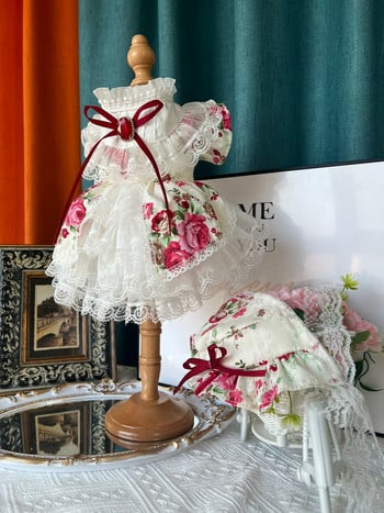Εκλεκτή χειροποίητη βαμβακερή δαντέλα Ρούχα για σκύλους για κατοικίδια Μόδα High-end Flower print Κρυστάλλινο φιόγκο Πριγκίπισσα φόρεμα για μικρό μεσαίο σκυλάκι κανίς