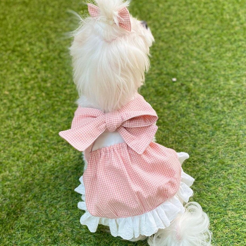 Fashion INS Designer Dog Fashion Printesa Pink Grid Papion Fusta Costum Dantela Cravata Fusta Caine Drăguț Cămașă Confortabilă Pentru Câinii De talie mică