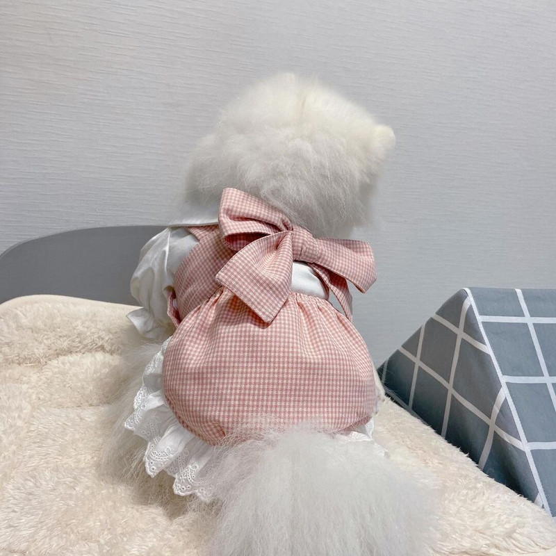 Fashion INS Designer Dog Fashion Printesa Pink Grid Papion Fusta Costum Dantela Cravata Fusta Caine Drăguț Cămașă Confortabilă Pentru Câinii De talie mică