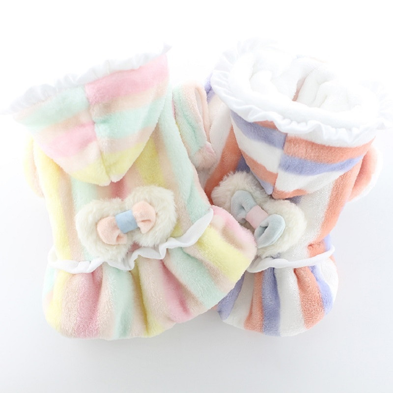 Lollypop Csíkos Bowknot Téli macska kutyák ruha kabát puha gyapjú meleg kisállat jumpsuit kapucni kisállat kutya ruházat
