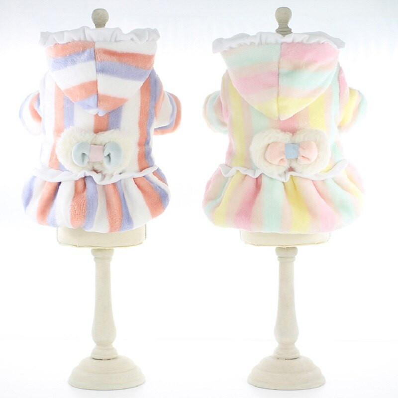 Lollypop Csíkos Bowknot Téli macska kutyák ruha kabát puha gyapjú meleg kisállat jumpsuit kapucni kisállat kutya ruházat