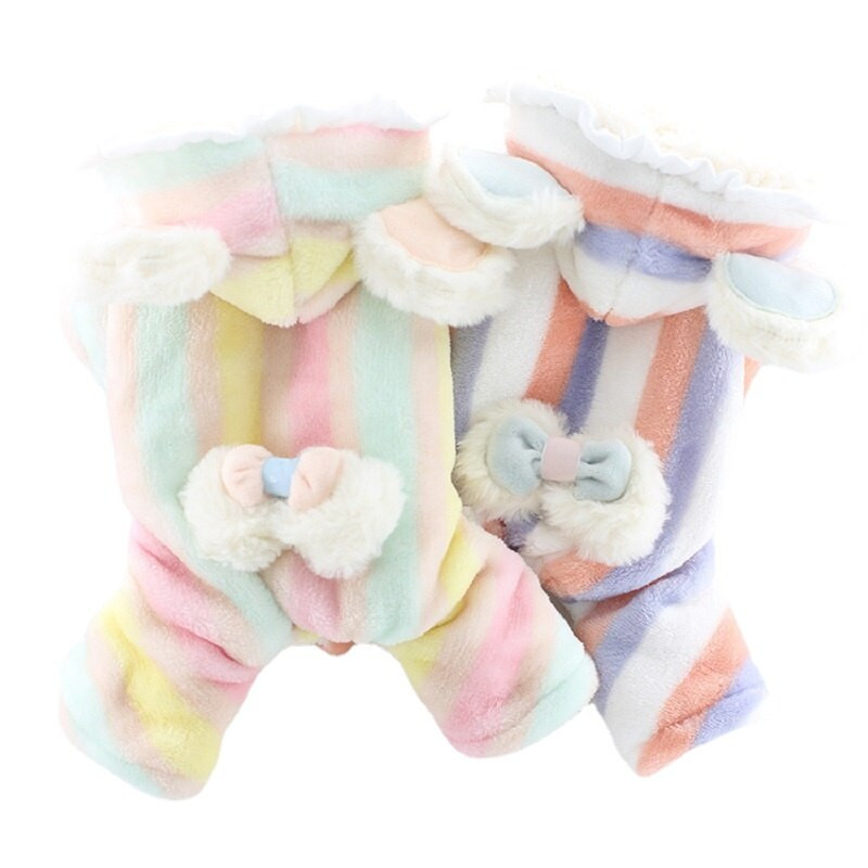Lollypop Csíkos Bowknot Téli macska kutyák ruha kabát puha gyapjú meleg kisállat jumpsuit kapucni kisállat kutya ruházat