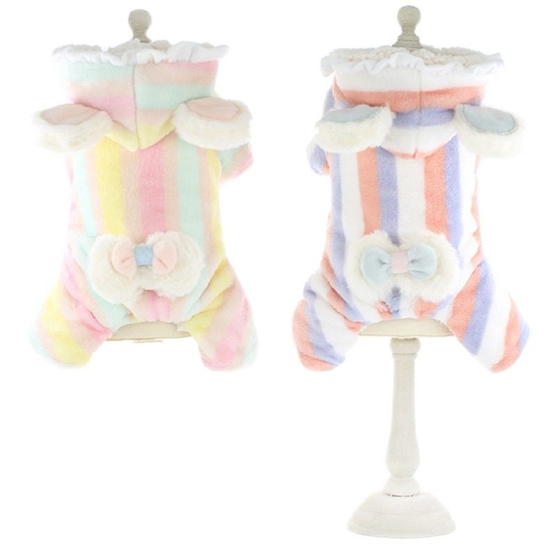 Lollypop Csíkos Bowknot Téli macska kutyák ruha kabát puha gyapjú meleg kisállat jumpsuit kapucni kisállat kutya ruházat