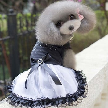 Черно-бели диамантени рокли за кучета Летни дрехи за малки кучета Ropa Perro Чихуахуа Пола от тюл Сладко кученце Дрехи за йоркширски домашни любимци