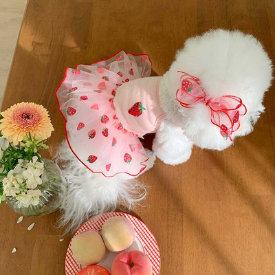 Ροζ φράουλα ρούχα για σκύλους Teddy καλοκαιρινά ρούχα Διχτυωτές φούστες για κουτάβι Φορέματα Pomeranian Cool πουλόβερ Φορέματα για κατοικίδια