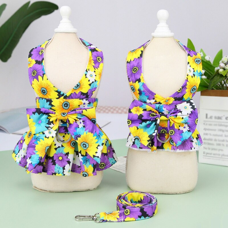 Set rochie pentru câine cu lesă Floral Teddy Bichon Harnaș câine fustă vestă primăvară vară rochie pisică plimbări plumb Îmbrăcăminte pentru animale de companie