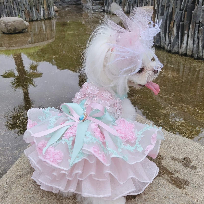 Nyári kölyökkutya divatruhák, kézzel készített virágos csípős esküvői ruha kis kutyának Kisállat Ruhák Kabátok Jelmezek Uszkár