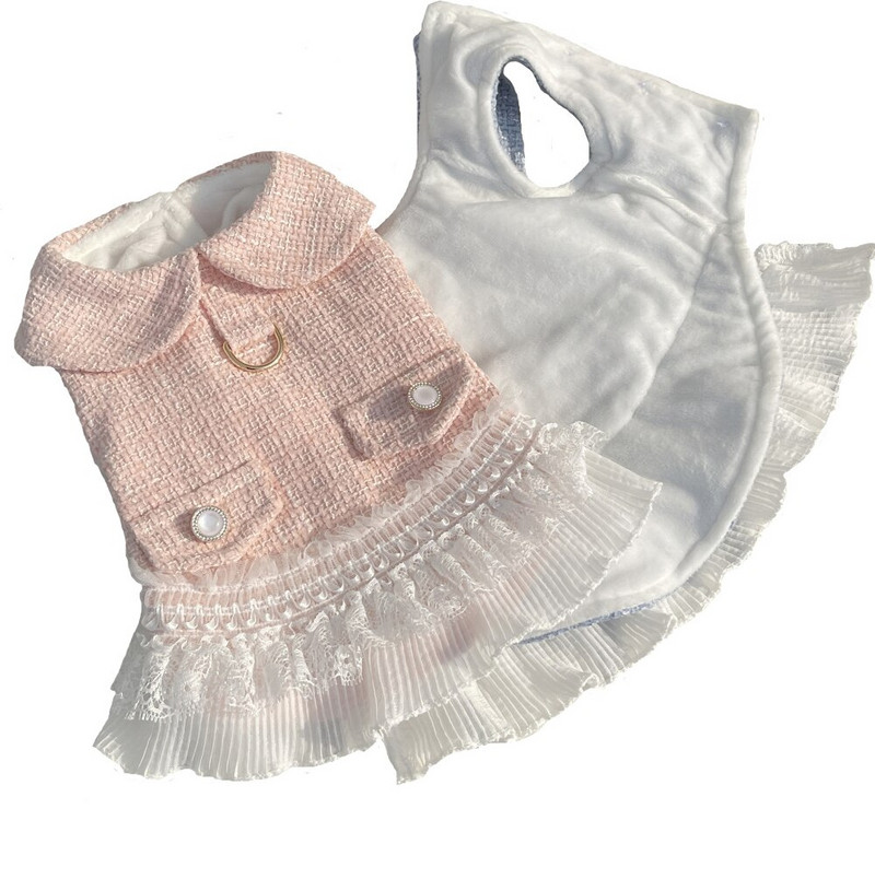 Jesenné a zimné plyšové šaty, krásne čipkované dámske šaty pre mačky, malé psy, trakčné gombíky, hrubý teplý kabát, oblečenie pre psov pre malých psov