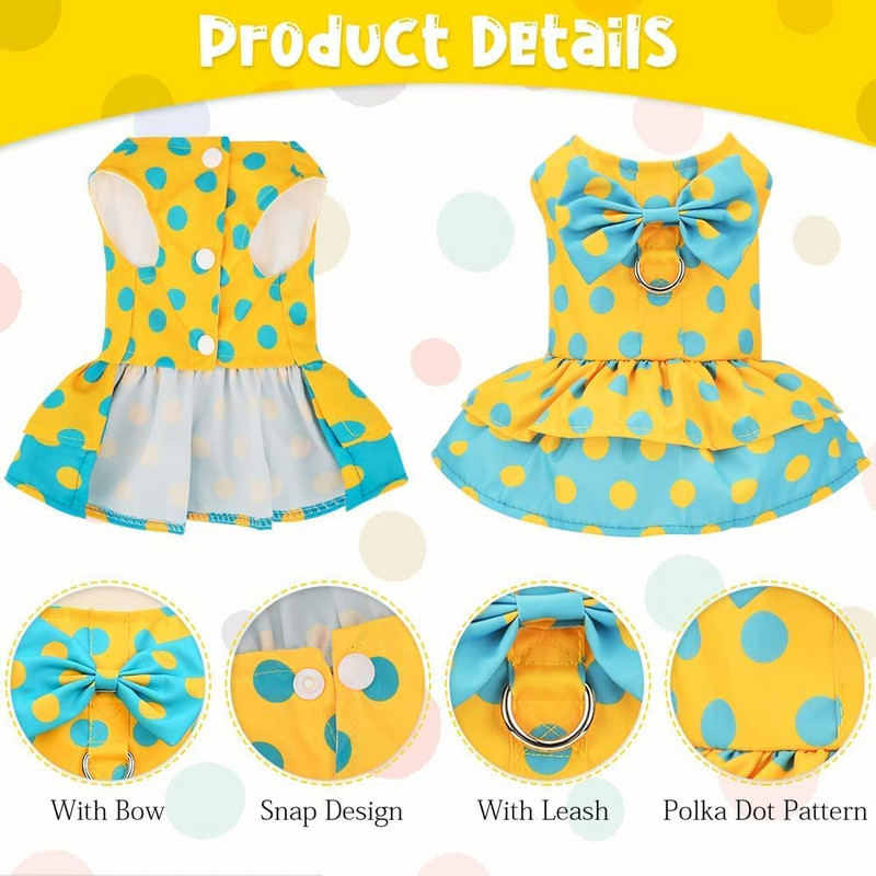 Rochie de lux pentru câini cu fundătură pentru câini mici de vară Yorkie Chihuahua Fată Cățeluș haine pentru câini Set rochie și lesă cu ham prințesă