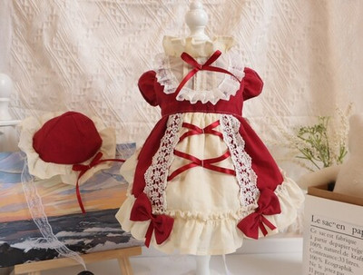 Vintage mood lemmikloomade koerte kasside riided käsitsi valmistatud puuvillane punane vibu Lolita pitsist õukonna printsessi kleit väikesele keskmisele koerale kutsika riided