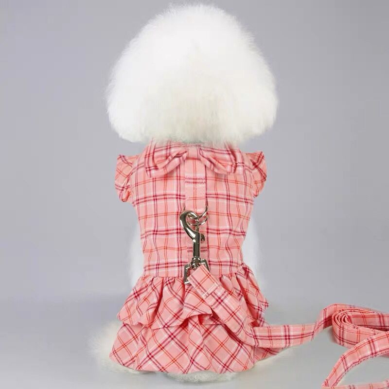 Kockovaná sukňa v štýle princeznej pre psov s popruhom na prsia, ťažné lano, roztomilý obojok s mašľou pre bábiky, oblečenie pre psov pre malých psov