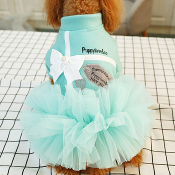 Φθινοπωρινά μπλε φορέματα για σκύλους Χνουδωτό τούλι φούστα γάτας Bowknot Teddy Chihuahua φόρεμα για σκύλους