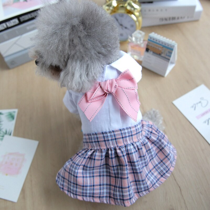 Školská uniforma, mašle, maškarný kostým pre psa, svetlé, roztomilé dievča, domáce zviera, šteniatko, malé zviera, čivava, letné mačacie oblečenie, košeľa s kockovanou sukňou