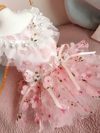 Ροζ Φορέματα Πριγκίπισσας Pet Dog Μόδα Χειροποίητο Φόρεμα με μαργαριτάρι δαντέλα με κεντημένο φιόγκο για μικρό μεσαίο σκυλί για κουτάβι Ρούχα κανίς