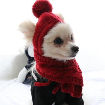 Шапка за кучета Зимни топли райета Плетена шапка+шал яка Кученце Теди Костюм Коледни дрехи Дядо Коледа Костюми за кучета