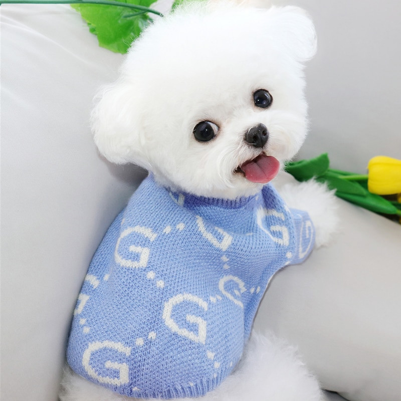 Pulover pentru câini albastru, scrisoare creativă, tricot pentru cățeluș, pentru animale de companie, îmbrăcăminte de toamnă/iarnă, pulover cald, bichon, haine moi pentru acasă