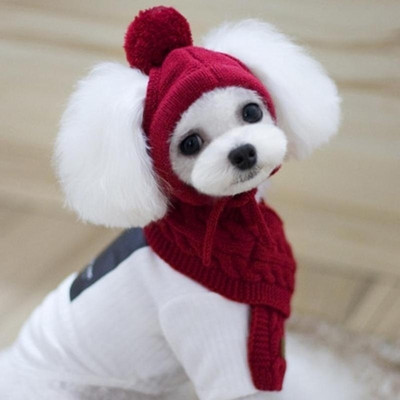 Коледно облекло за куче Кученце Теди облекло Плетено облекло Шапка за куче Зимна топла плетена шапка на райета + шал яка