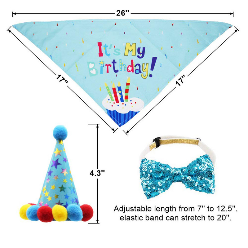 Κασκόλ Μπαντάνα γενεθλίων σκύλου και καπέλο για πάρτι γενεθλίων για αγόρι με χαριτωμένο παπιγιόν για σκύλο για μικρό μεσαίο σκύλο