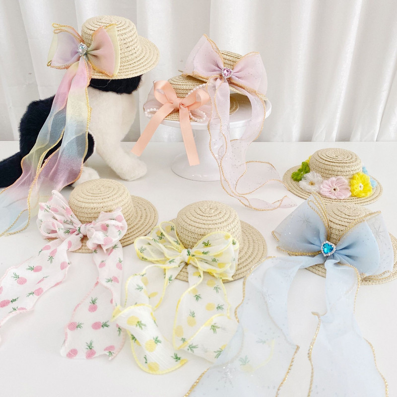 Сенник за домашни любимци Сламена шапка Котка Куче Заек Плетен лък Любов Шифон Сламена шапка Домашни любимци Рожден ден Принцеса Аксесоари Куче Корона Чихуахуа